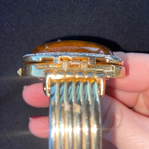 VINTAGE GENEVA Tigers Eye Gemstone bangle Bracelet Cuff watch Quartz Custom - Picture 8 of 16